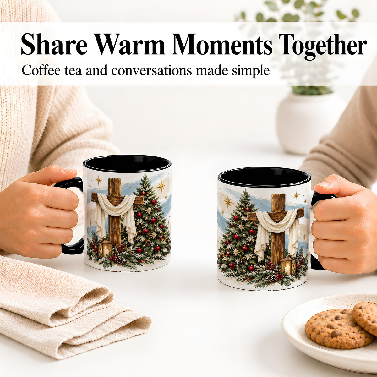 #pl[11oz|Black] Christian Christmas Cross Accent Mug, Ceramic Coffee Cup