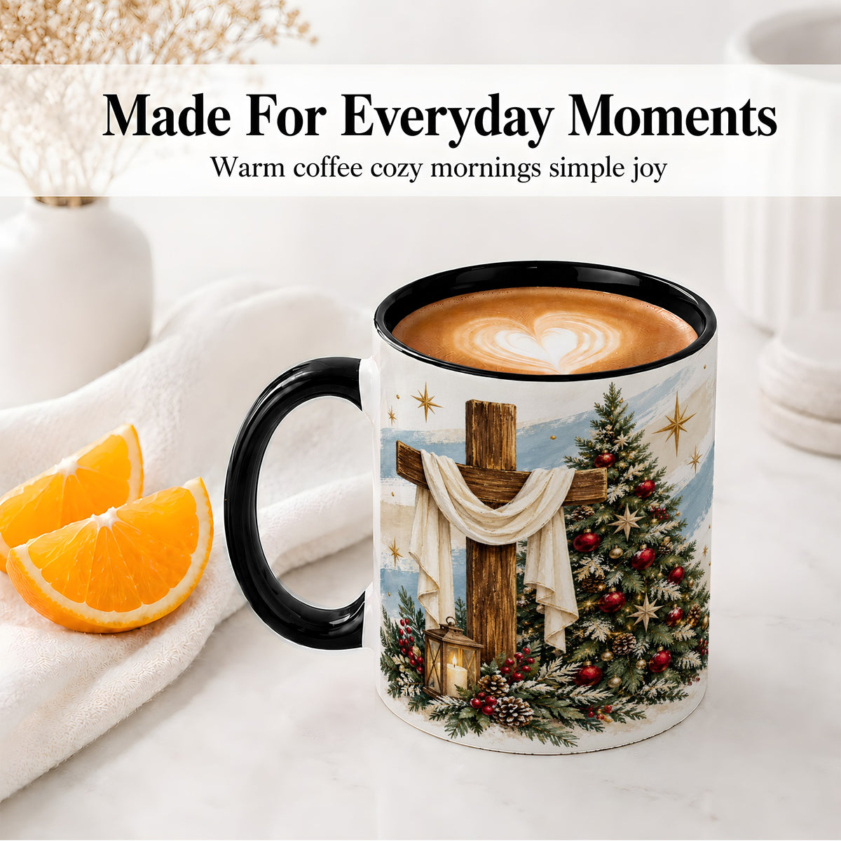 #pl[11oz|Black] Christian Christmas Cross Accent Mug, Ceramic Coffee Cup