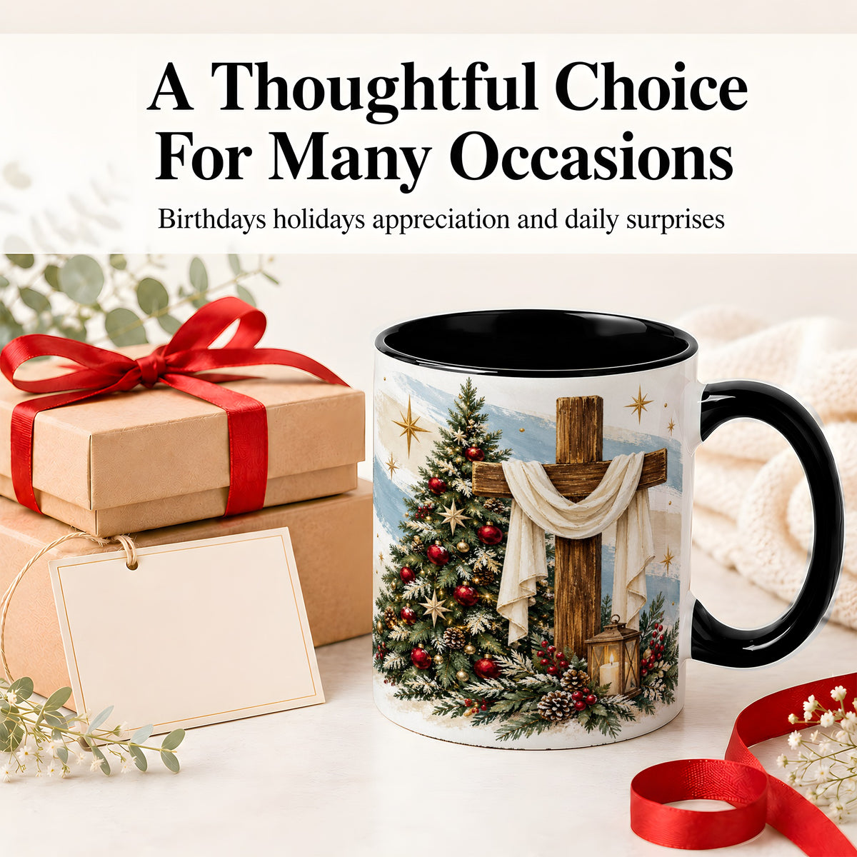 #pl[11oz|Black] Christian Christmas Cross Accent Mug, Ceramic Coffee Cup