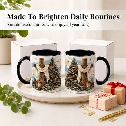 #pl[11oz|Black] Christian Christmas Cross Accent Mug, Ceramic Coffee Cup