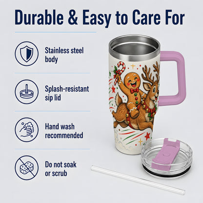 #pl[40oz|Pink] Christmas Gingerbread Reindeer 40oz Tumbler, Festive Holiday Drinkware