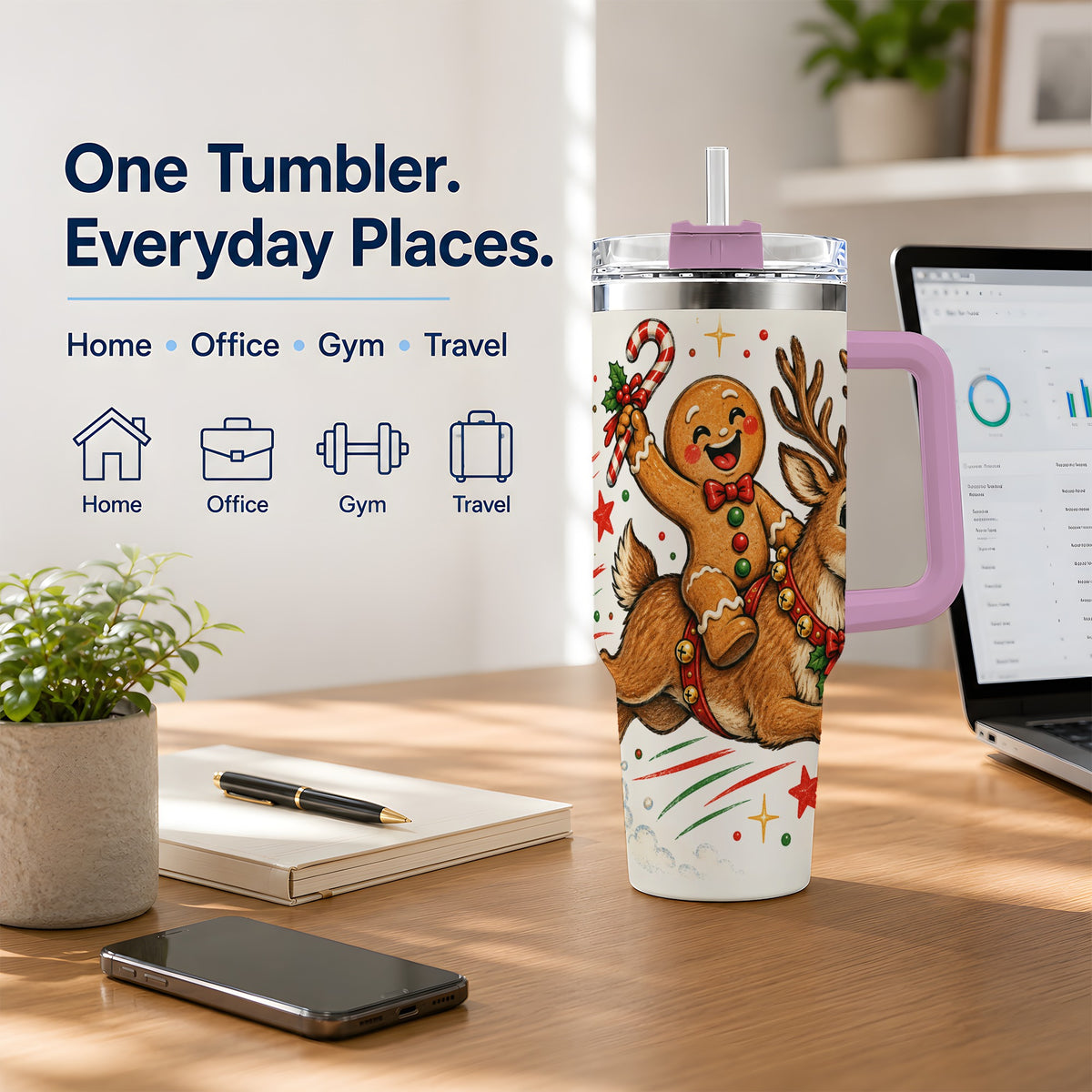 #pl[40oz|Pink] Christmas Gingerbread Reindeer 40oz Tumbler, Festive Holiday Drinkware