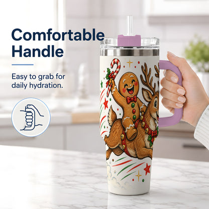 #pl[40oz|Pink] Christmas Gingerbread Reindeer 40oz Tumbler, Festive Holiday Drinkware