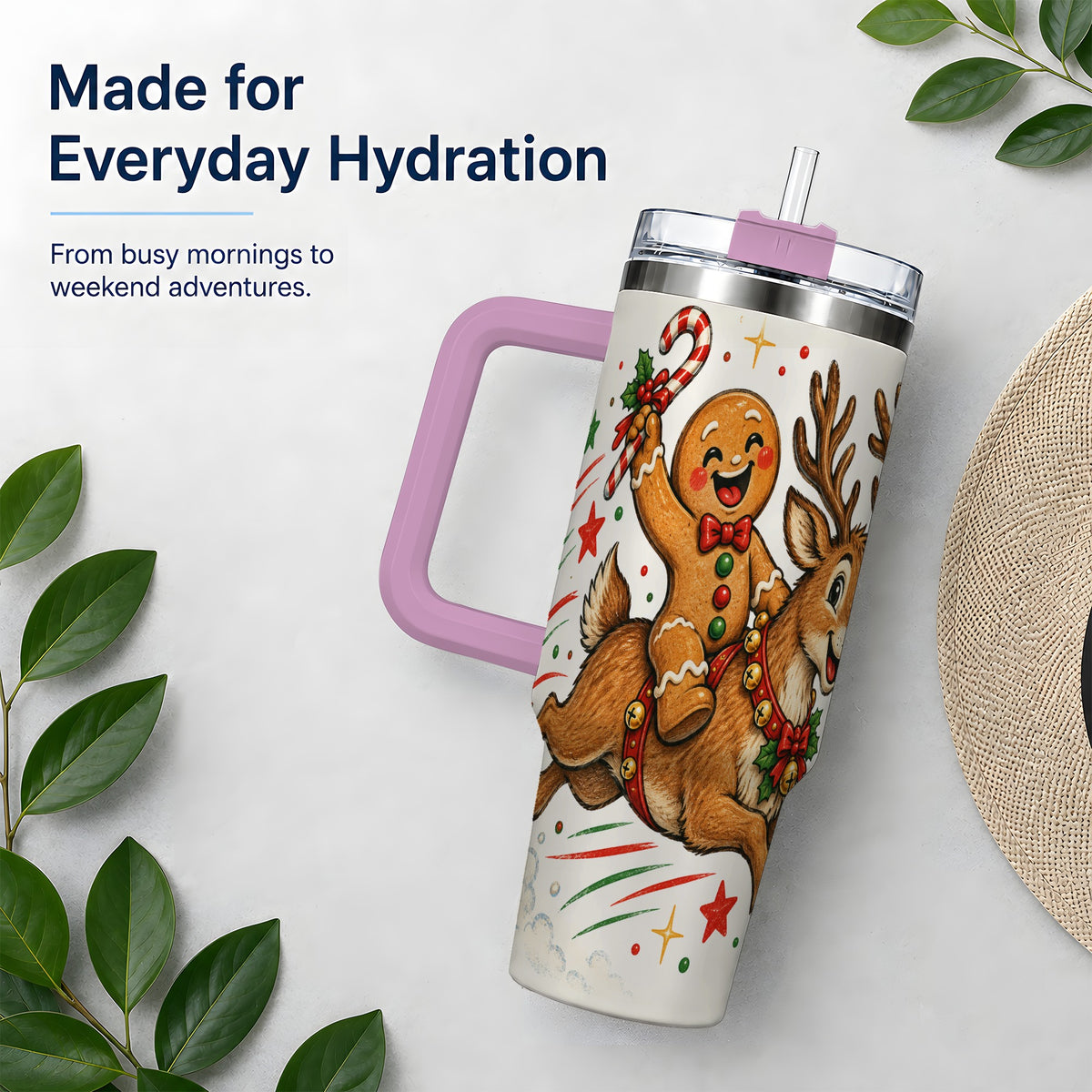 #pl[40oz|Pink] Christmas Gingerbread Reindeer 40oz Tumbler, Festive Holiday Drinkware