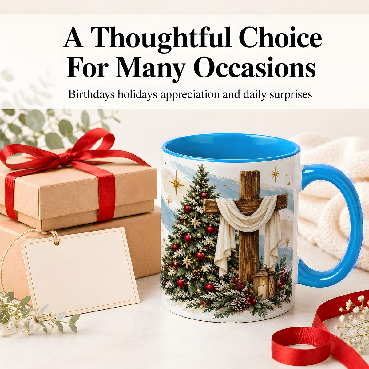 #pl[11oz|Blue] Christian Christmas Cross Accent Mug, Ceramic Coffee Cup