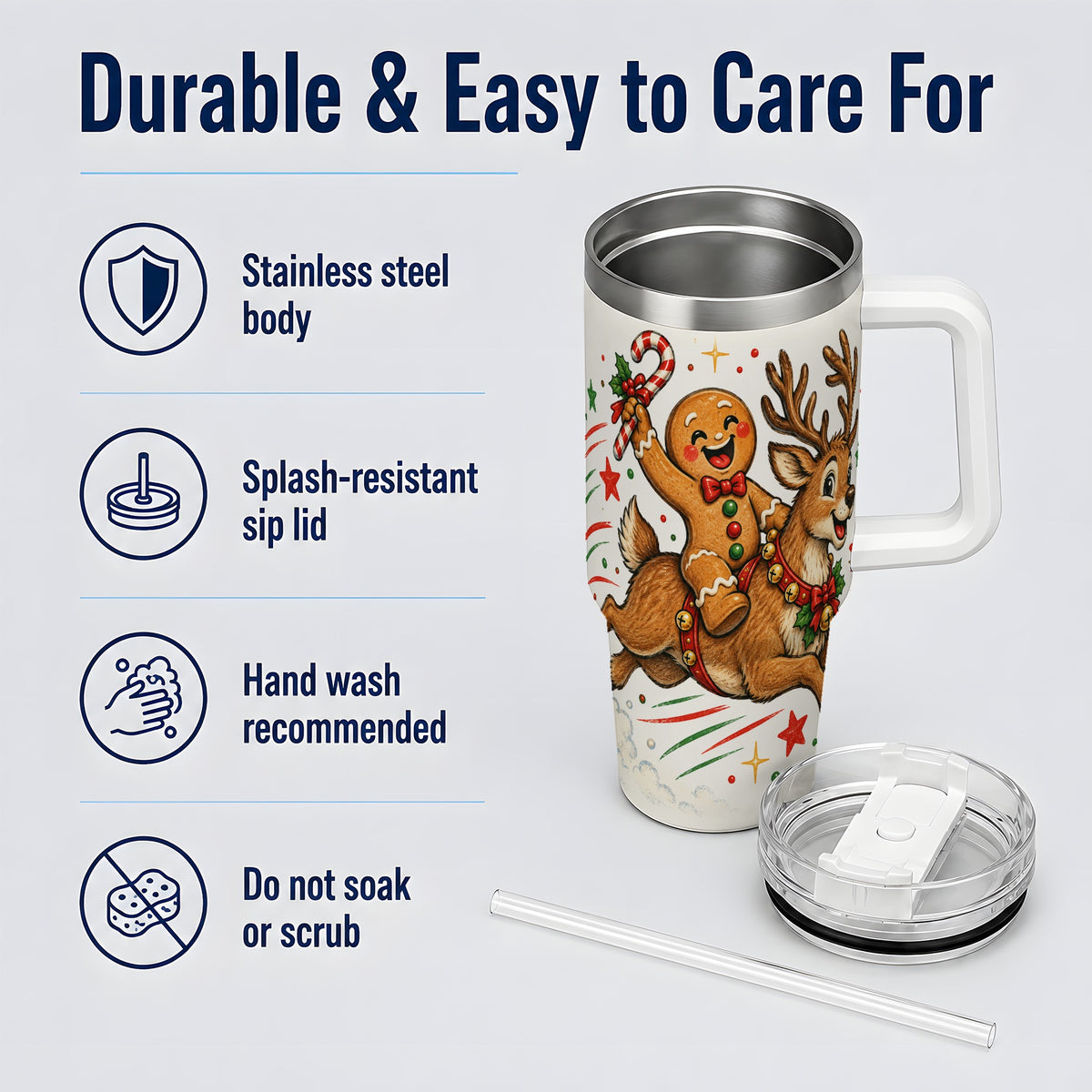 #pl[40oz|White] Christmas Gingerbread Reindeer 40oz Tumbler, Festive Holiday Drinkware