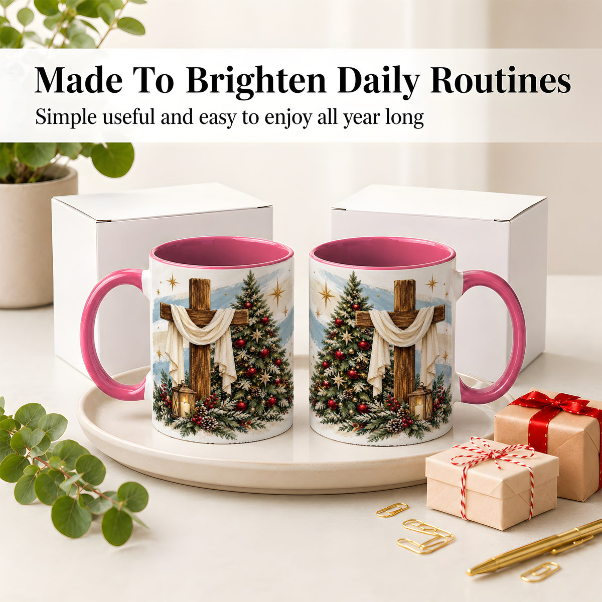 #pl[11oz|Pink] Christian Christmas Cross Accent Mug, Ceramic Coffee Cup