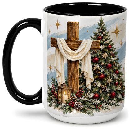 #pl[15oz|Black] Christian Christmas Cross Accent Mug, Ceramic Coffee Cup