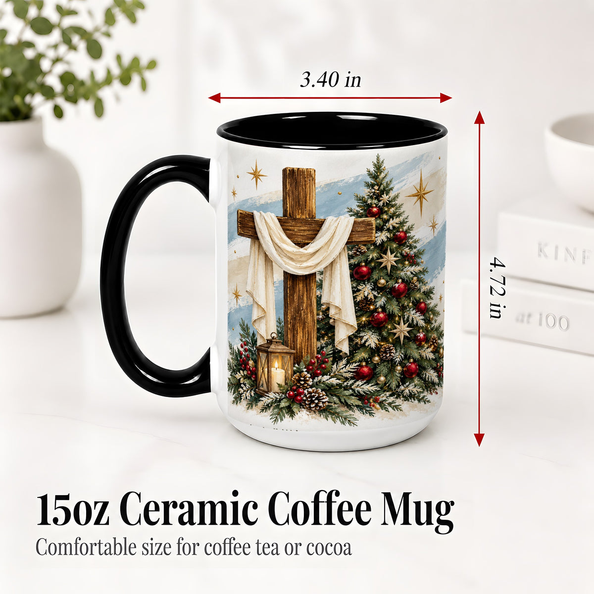 #pl[15oz|Black] Christian Christmas Cross Accent Mug, Ceramic Coffee Cup