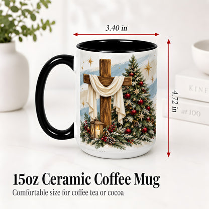 #pl[15oz|Black] Christian Christmas Cross Accent Mug, Ceramic Coffee Cup