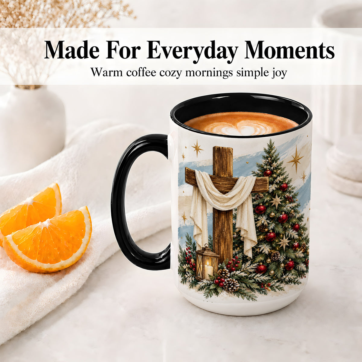 #pl[15oz|Black] Christian Christmas Cross Accent Mug, Ceramic Coffee Cup