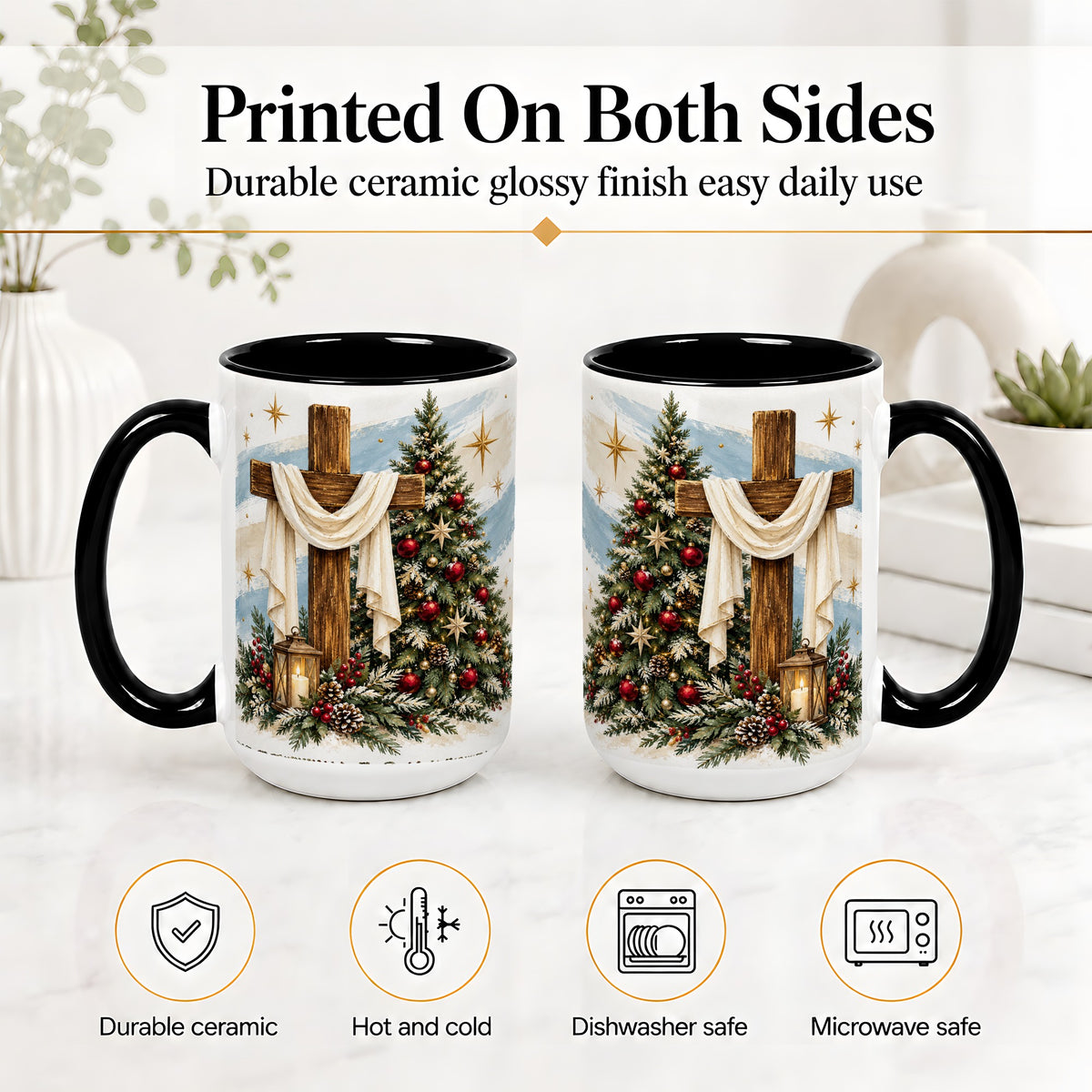 #pl[15oz|Black] Christian Christmas Cross Accent Mug, Ceramic Coffee Cup