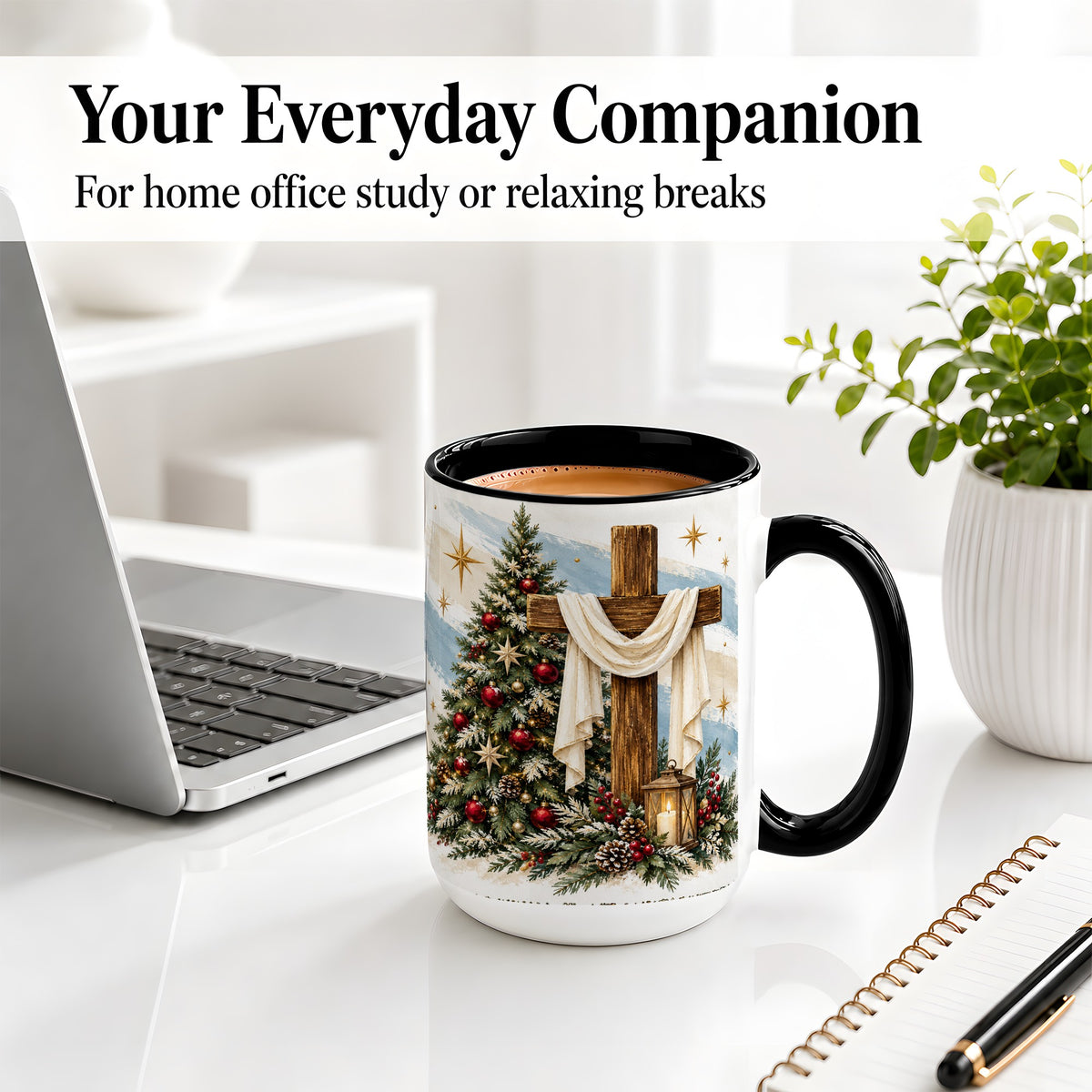 #pl[15oz|Black] Christian Christmas Cross Accent Mug, Ceramic Coffee Cup