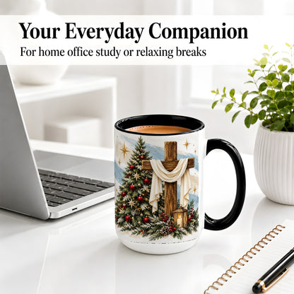 #pl[15oz|Black] Christian Christmas Cross Accent Mug, Ceramic Coffee Cup