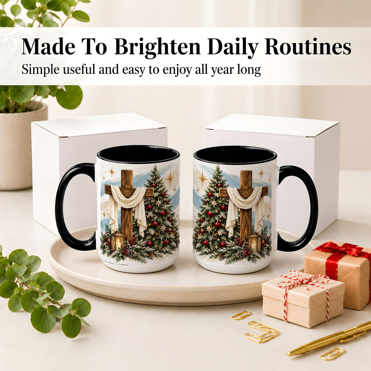 #pl[15oz|Black] Christian Christmas Cross Accent Mug, Ceramic Coffee Cup