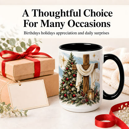 #pl[15oz|Black] Christian Christmas Cross Accent Mug, Ceramic Coffee Cup
