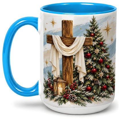 #pl[15oz|Blue] Christian Christmas Cross Accent Mug, Ceramic Coffee Cup