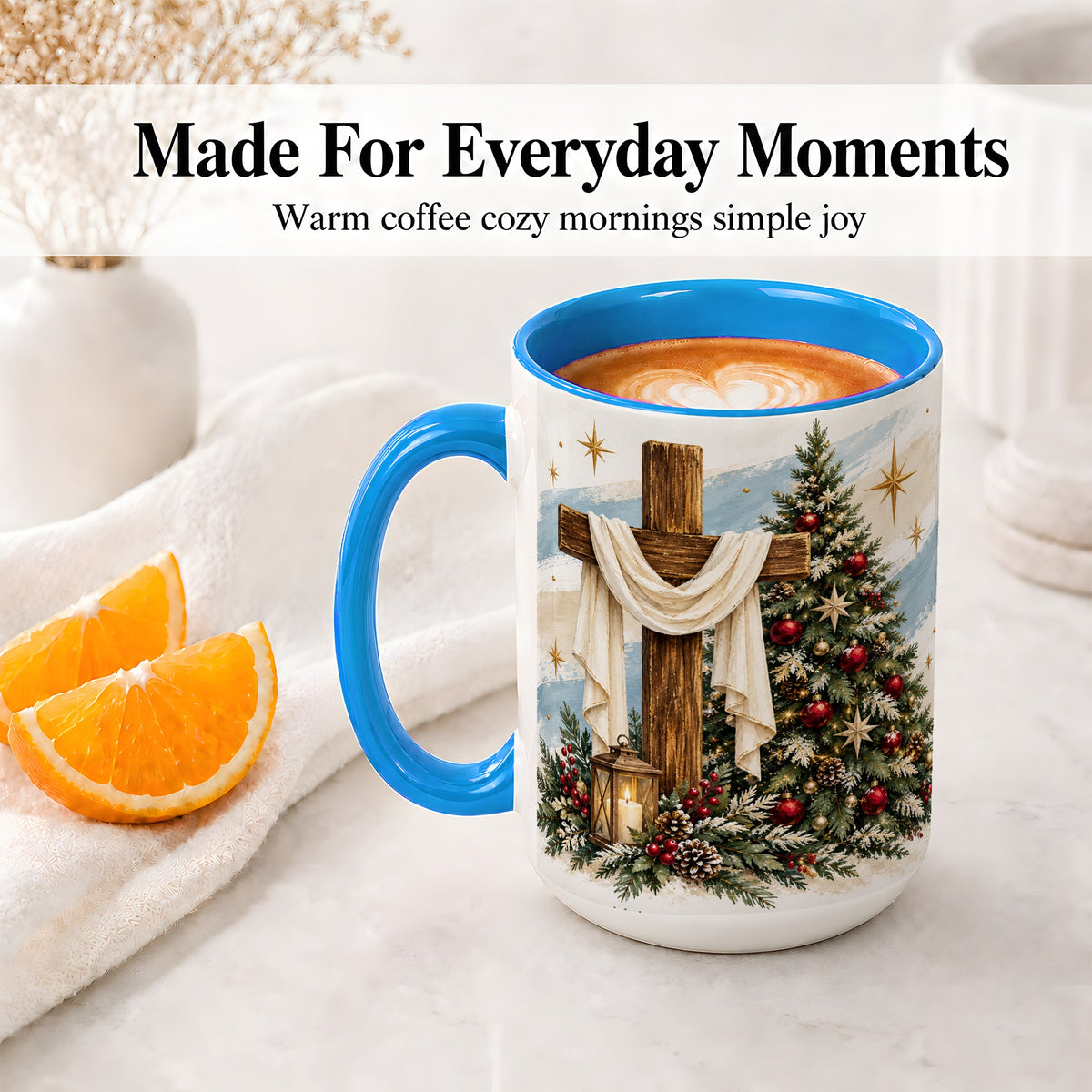 #pl[15oz|Blue] Christian Christmas Cross Accent Mug, Ceramic Coffee Cup