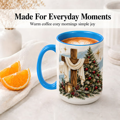 #pl[15oz|Blue] Christian Christmas Cross Accent Mug, Ceramic Coffee Cup