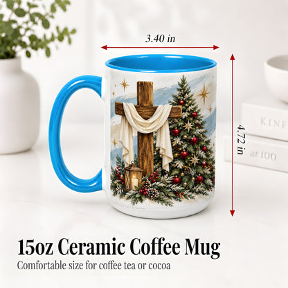 #pl[15oz|Blue] Christian Christmas Cross Accent Mug, Ceramic Coffee Cup