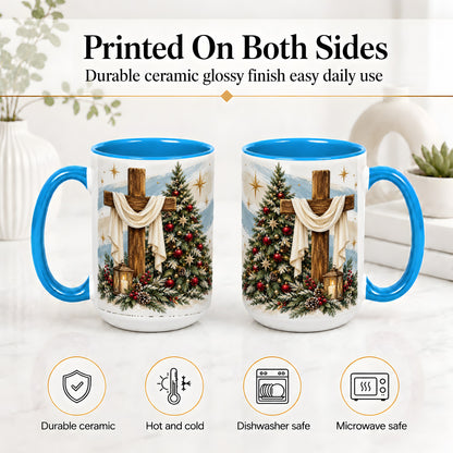 #pl[15oz|Blue] Christian Christmas Cross Accent Mug, Ceramic Coffee Cup