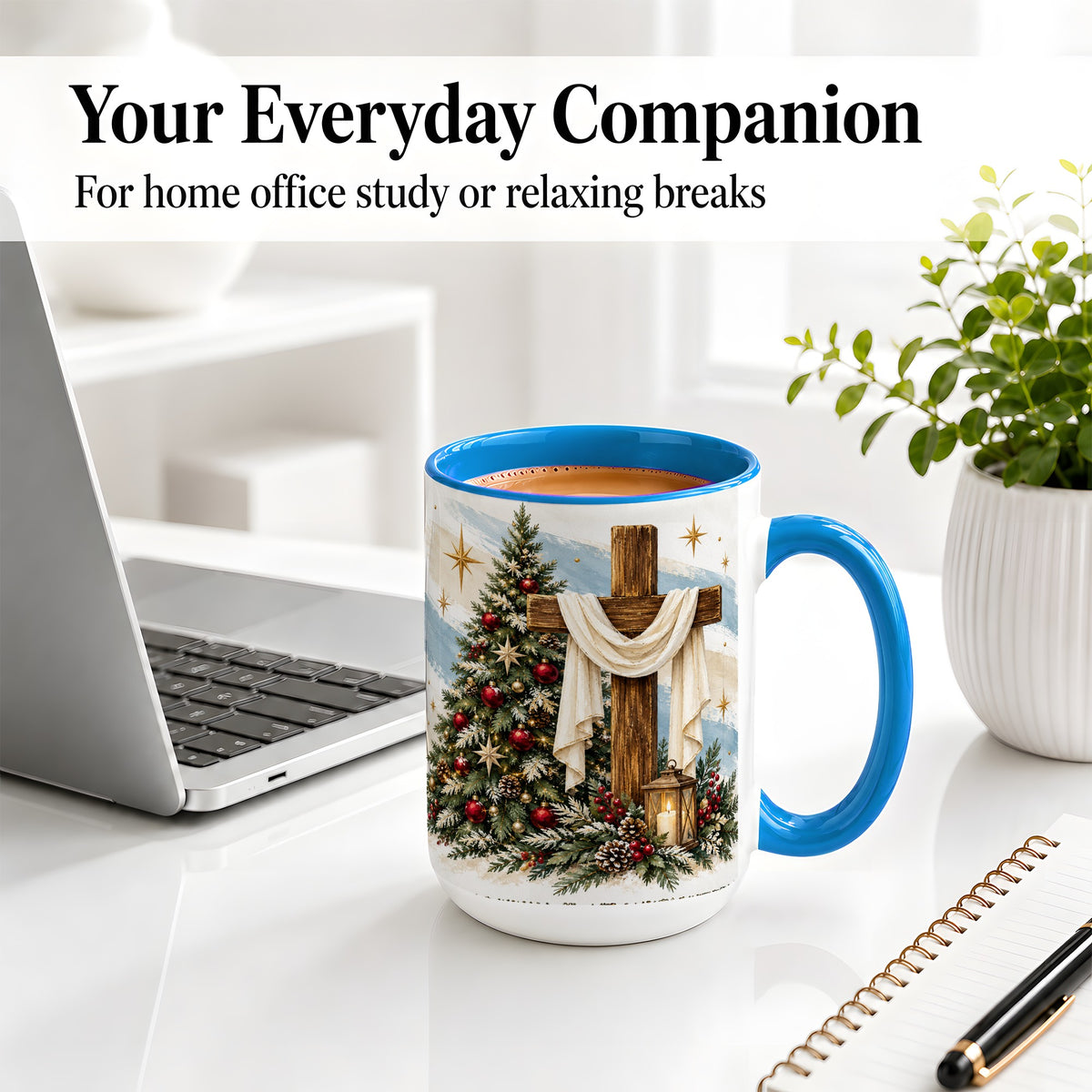 #pl[15oz|Blue] Christian Christmas Cross Accent Mug, Ceramic Coffee Cup