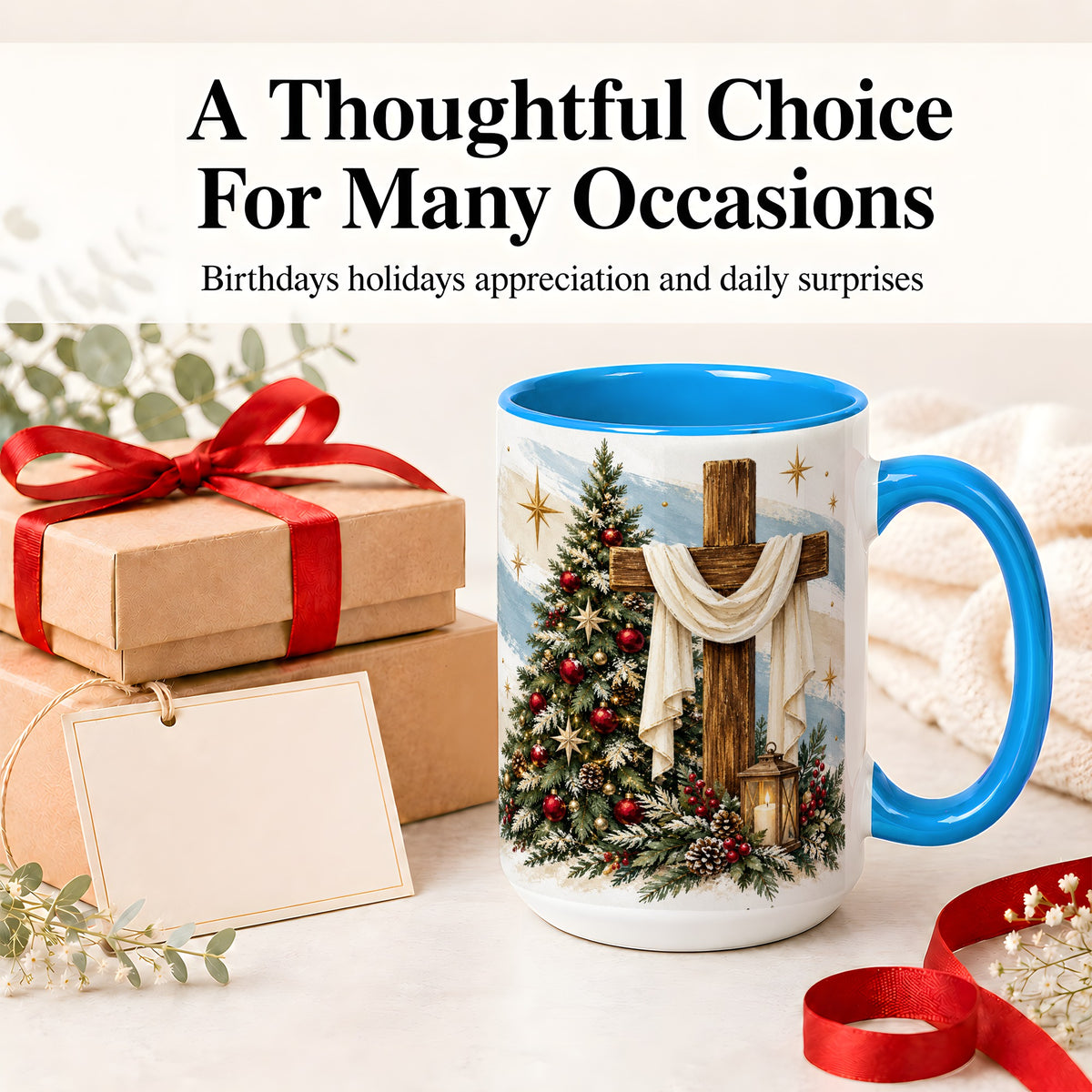 #pl[15oz|Blue] Christian Christmas Cross Accent Mug, Ceramic Coffee Cup