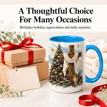 #pl[15oz|Blue] Christian Christmas Cross Accent Mug, Ceramic Coffee Cup