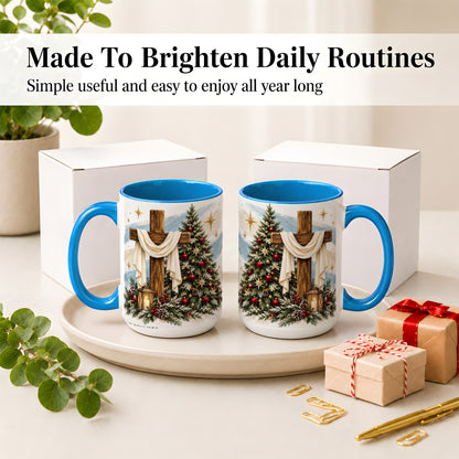 #pl[15oz|Blue] Christian Christmas Cross Accent Mug, Ceramic Coffee Cup