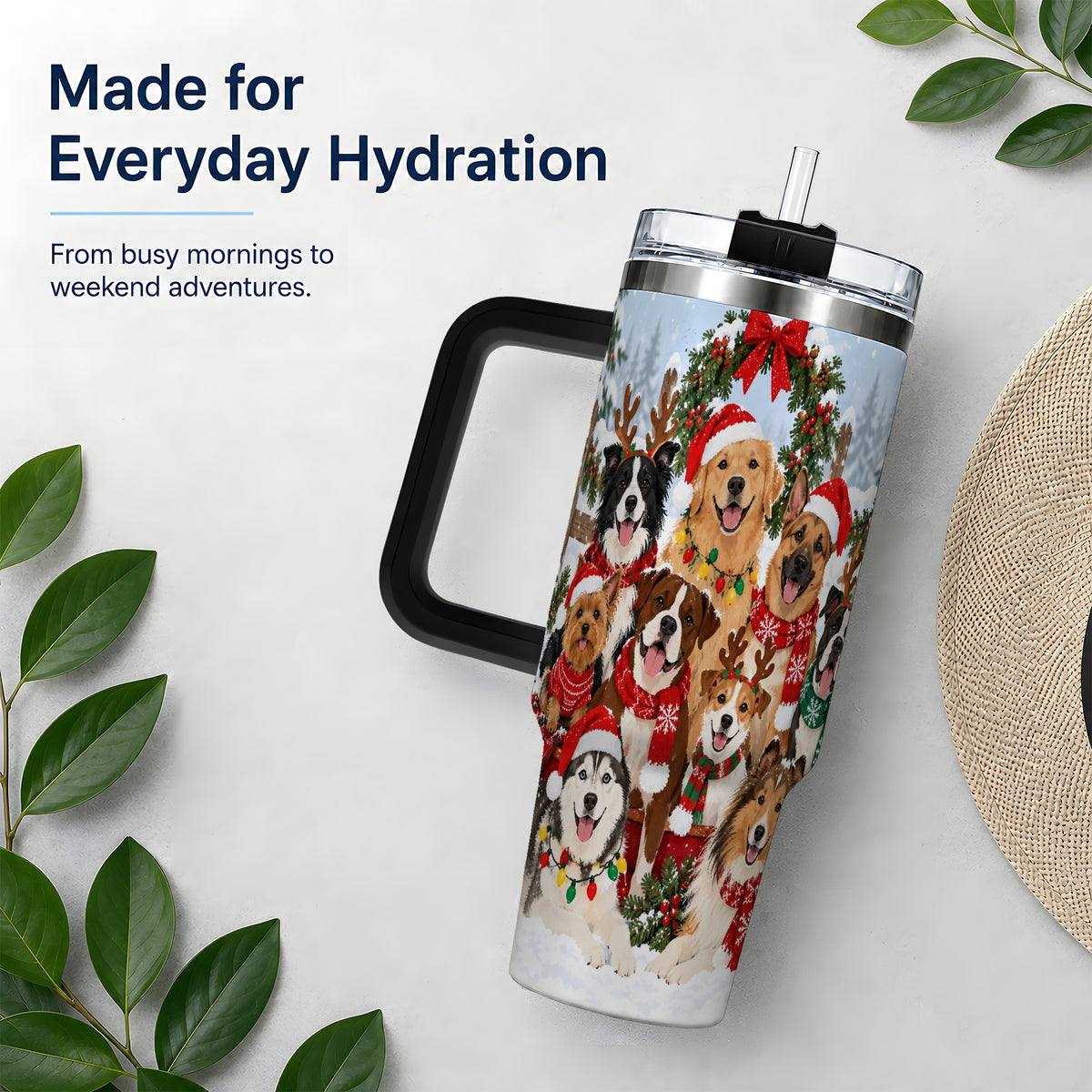 #pl[40oz|Black] Christmas Dogs 40oz Tumbler, Snowy Winter Holiday Pet Drinkware