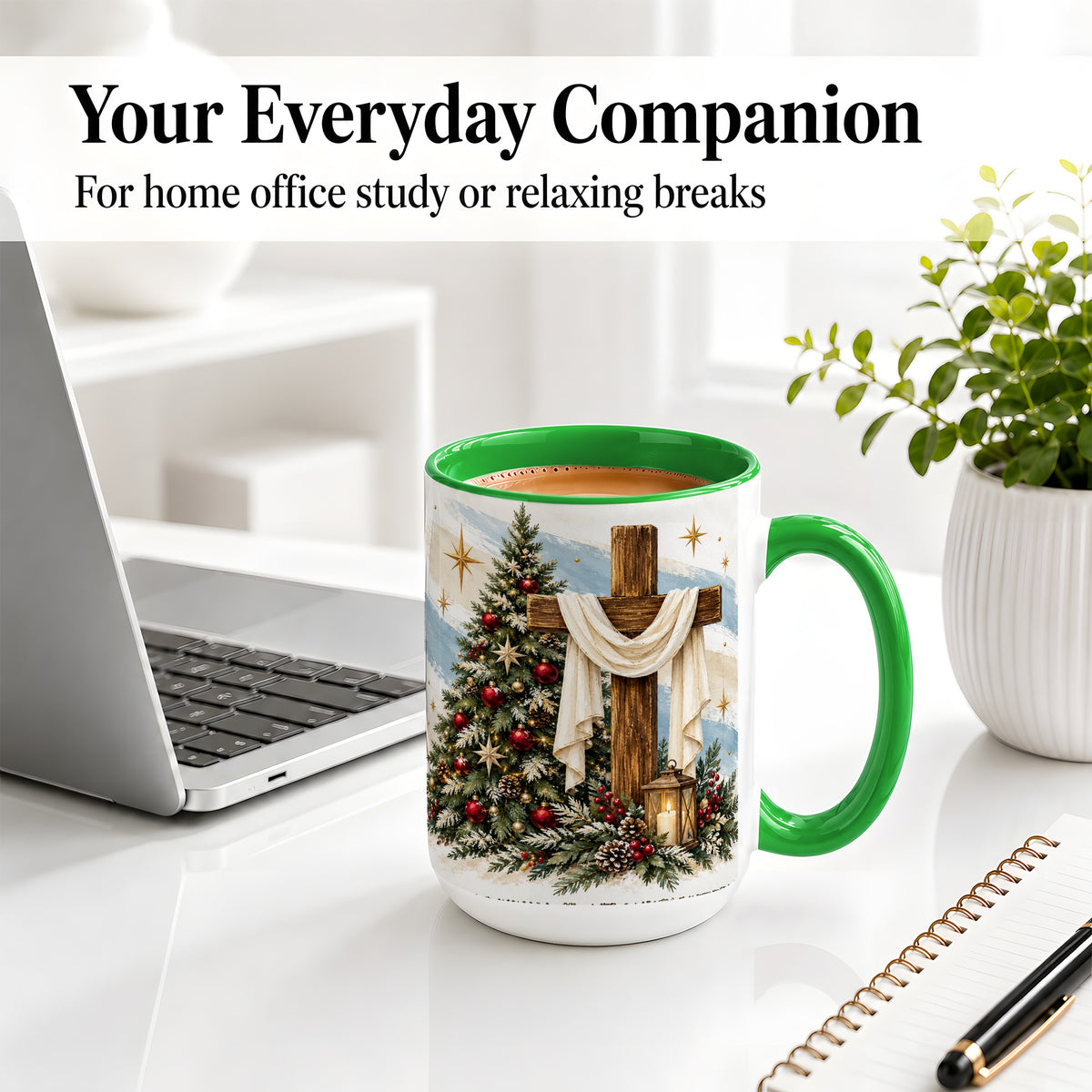 #pl[15oz|Green] Christian Christmas Cross Accent Mug, Ceramic Coffee Cup