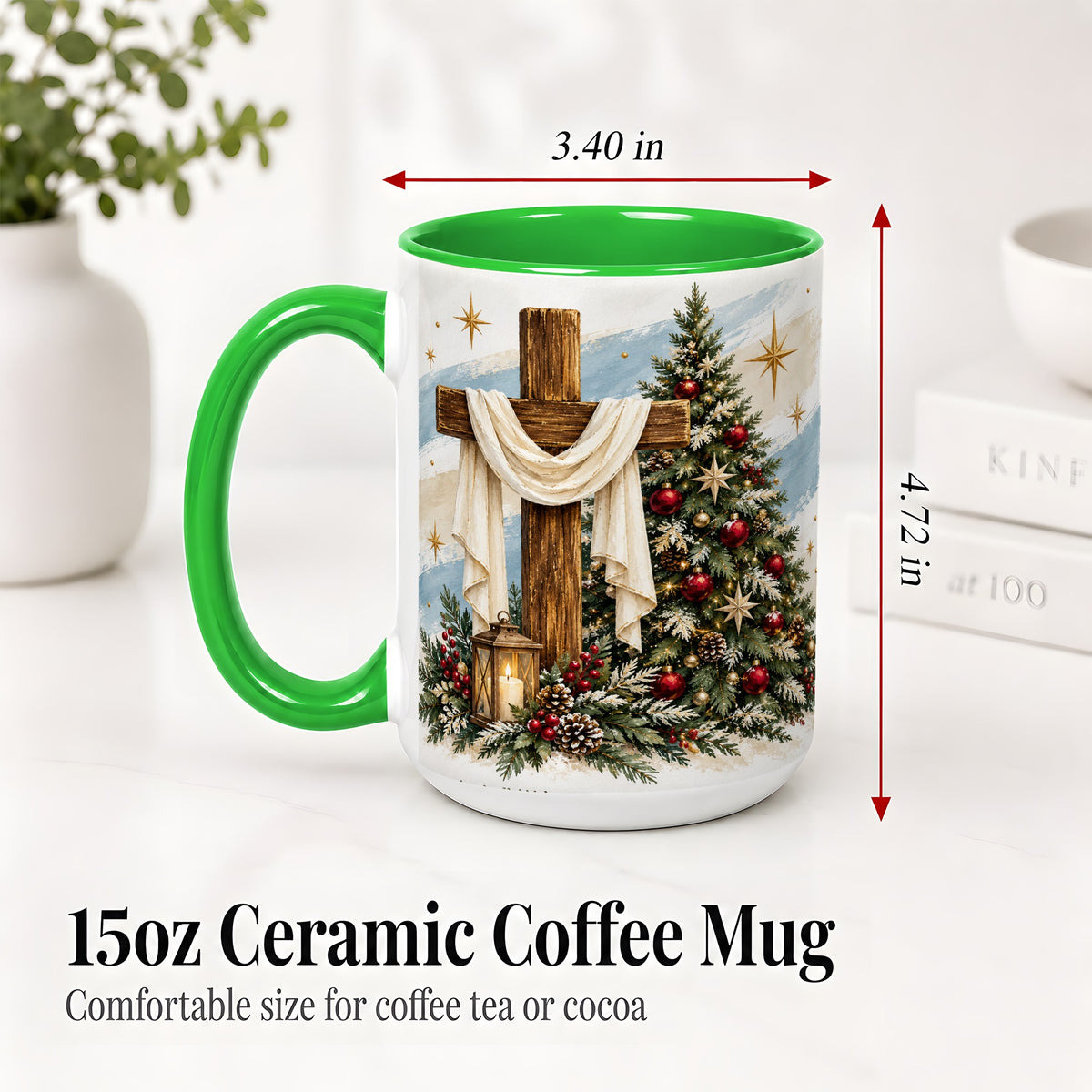 #pl[15oz|Green] Christian Christmas Cross Accent Mug, Ceramic Coffee Cup