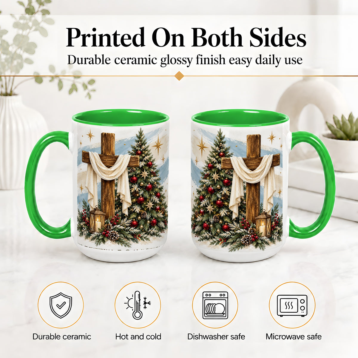 #pl[15oz|Green] Christian Christmas Cross Accent Mug, Ceramic Coffee Cup