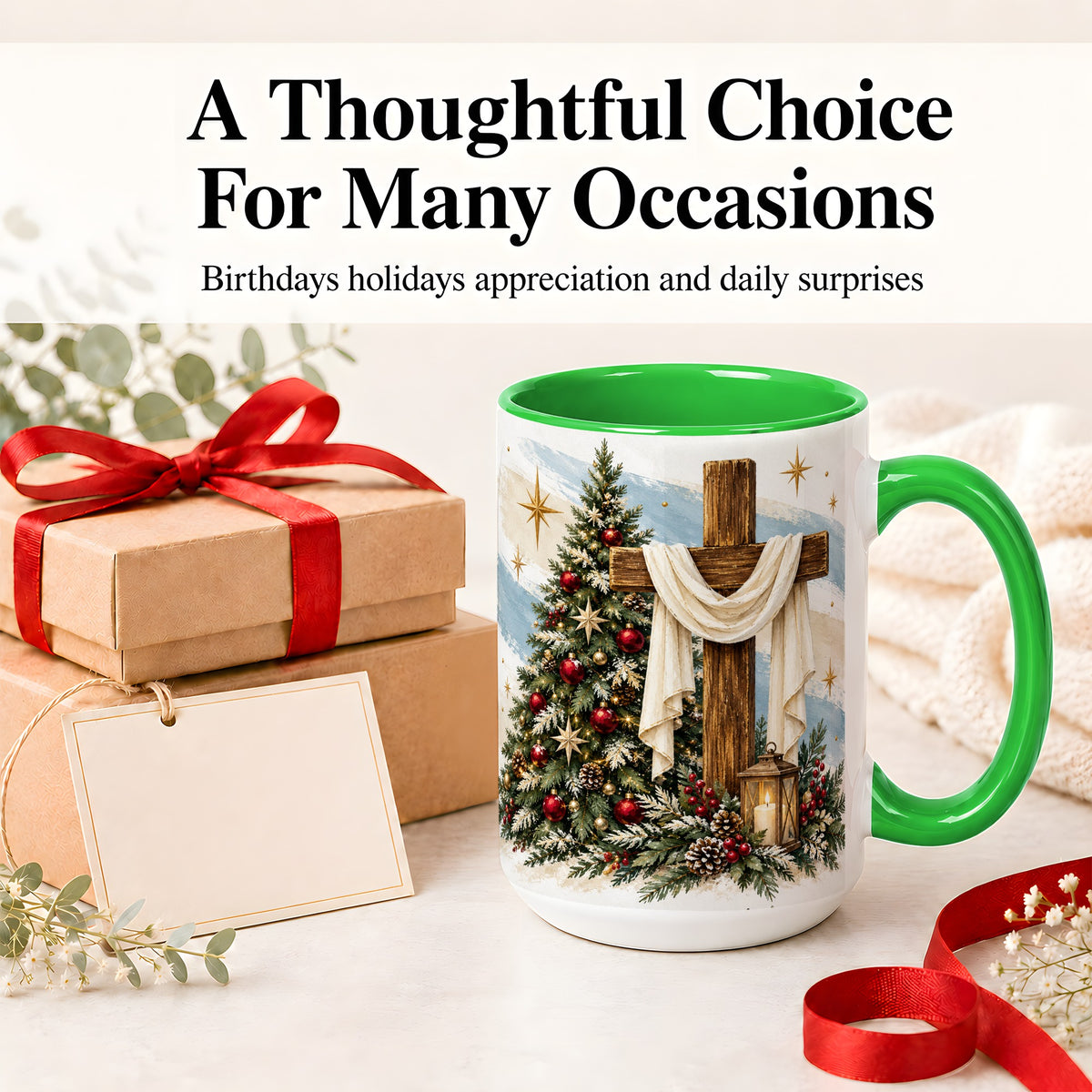 #pl[15oz|Green] Christian Christmas Cross Accent Mug, Ceramic Coffee Cup