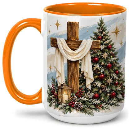 #pl[15oz|Orange] Christian Christmas Cross Accent Mug, Ceramic Coffee Cup