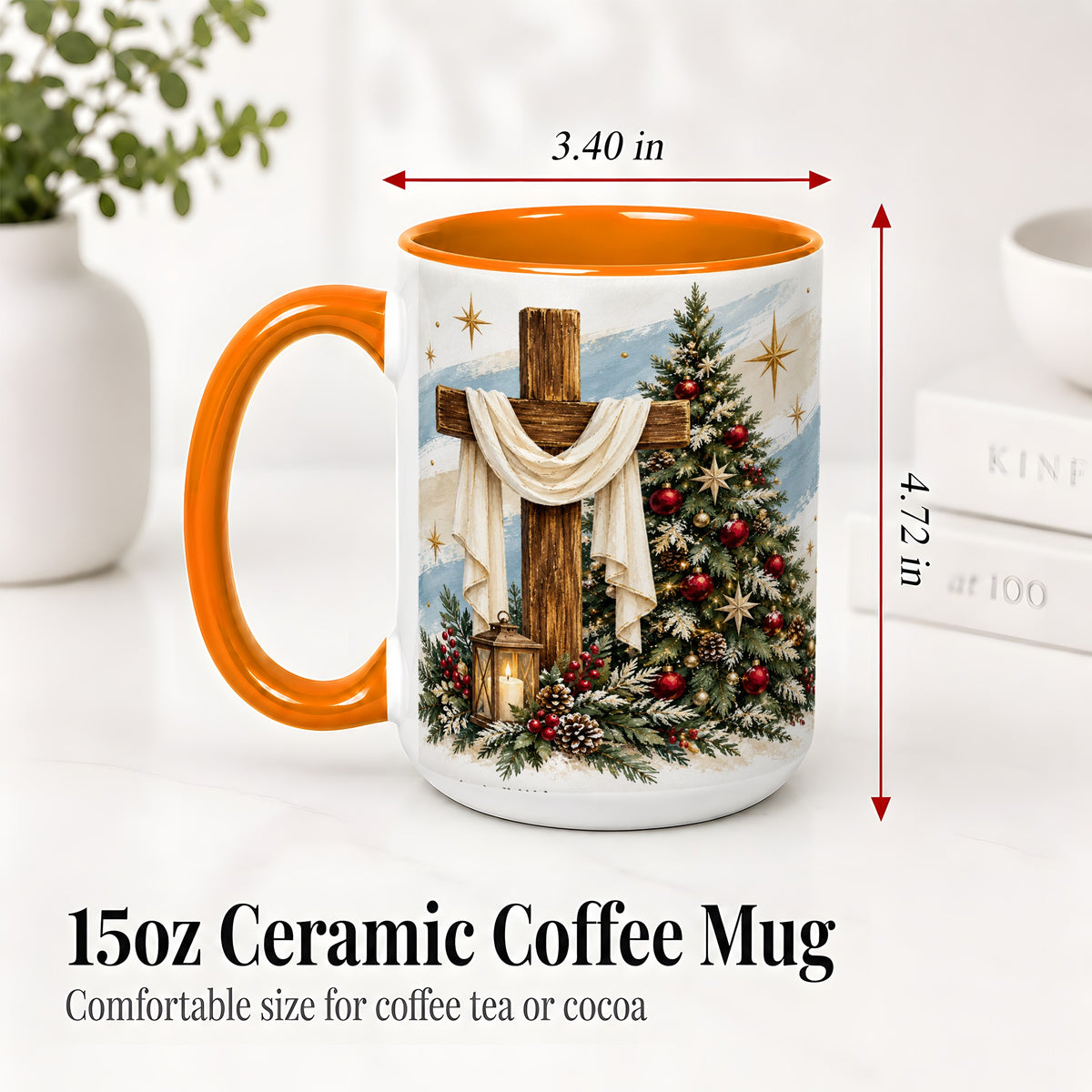 #pl[15oz|Orange] Christian Christmas Cross Accent Mug, Ceramic Coffee Cup