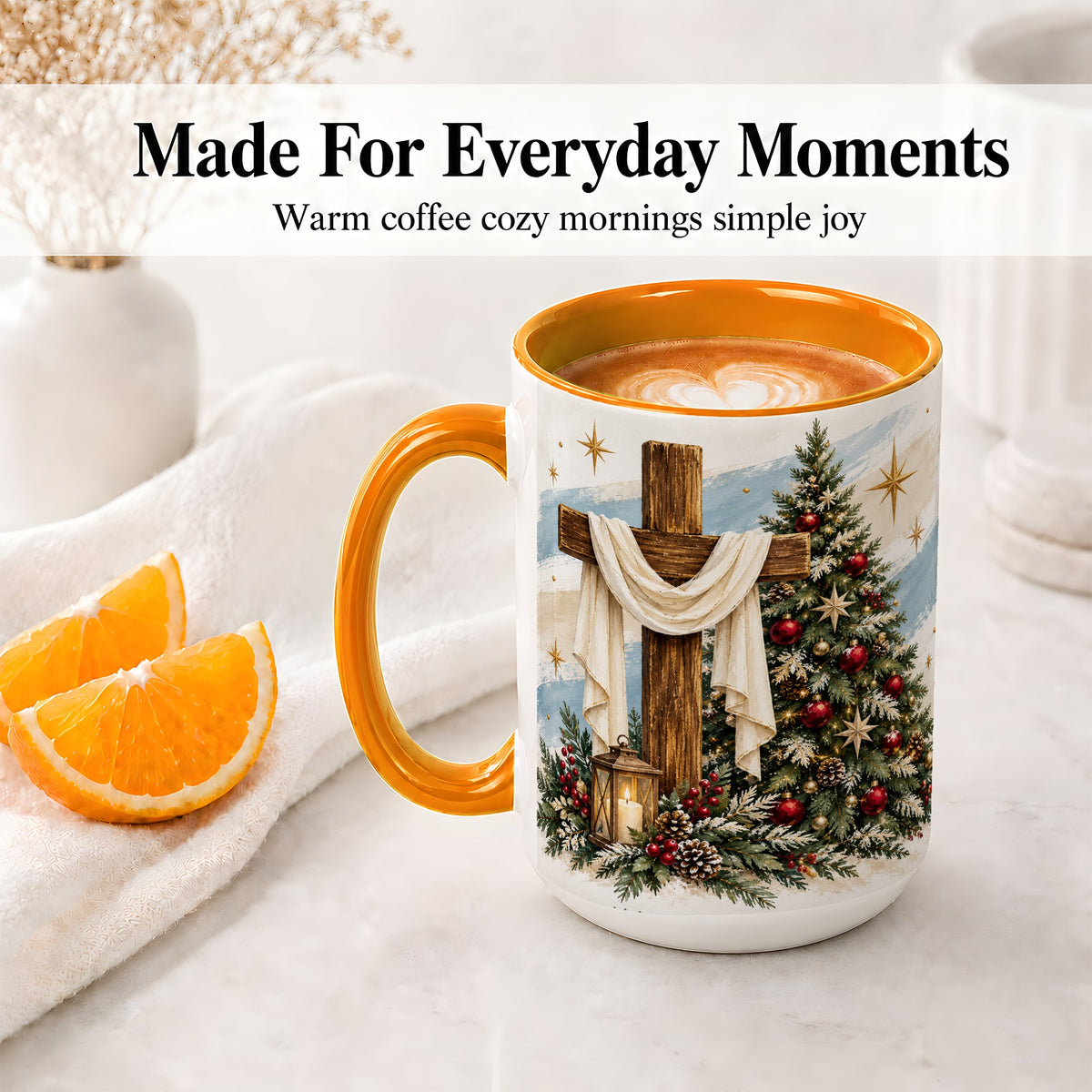 #pl[15oz|Orange] Christian Christmas Cross Accent Mug, Ceramic Coffee Cup