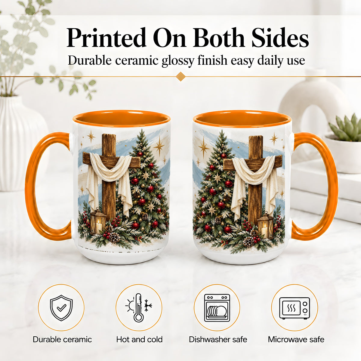 #pl[15oz|Orange] Christian Christmas Cross Accent Mug, Ceramic Coffee Cup