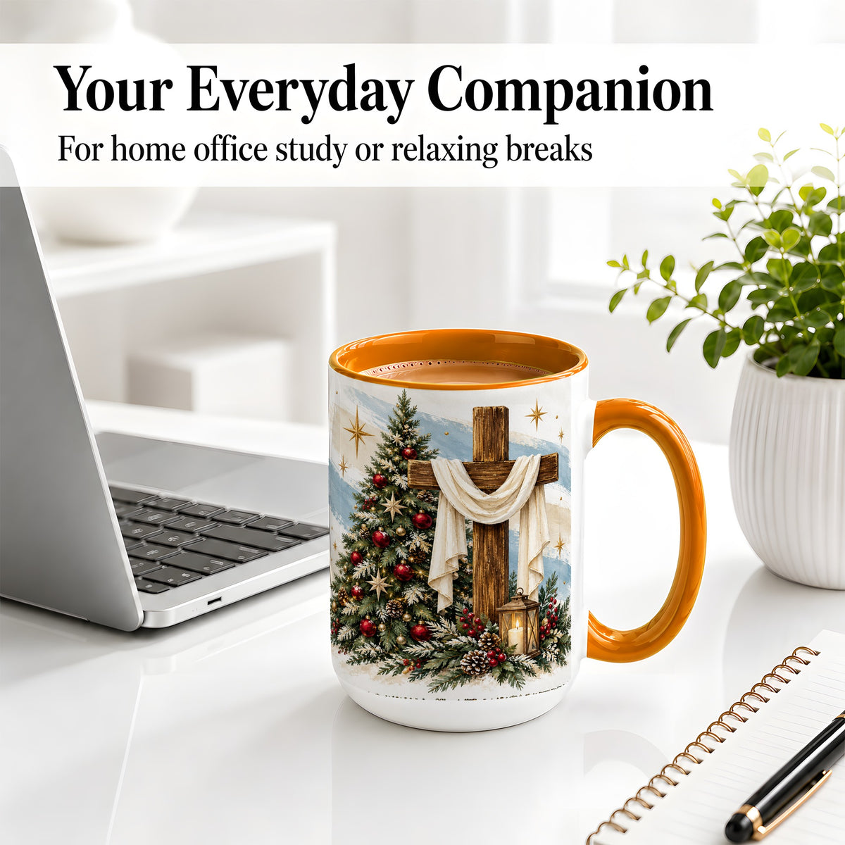 #pl[15oz|Orange] Christian Christmas Cross Accent Mug, Ceramic Coffee Cup