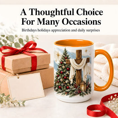 #pl[15oz|Orange] Christian Christmas Cross Accent Mug, Ceramic Coffee Cup
