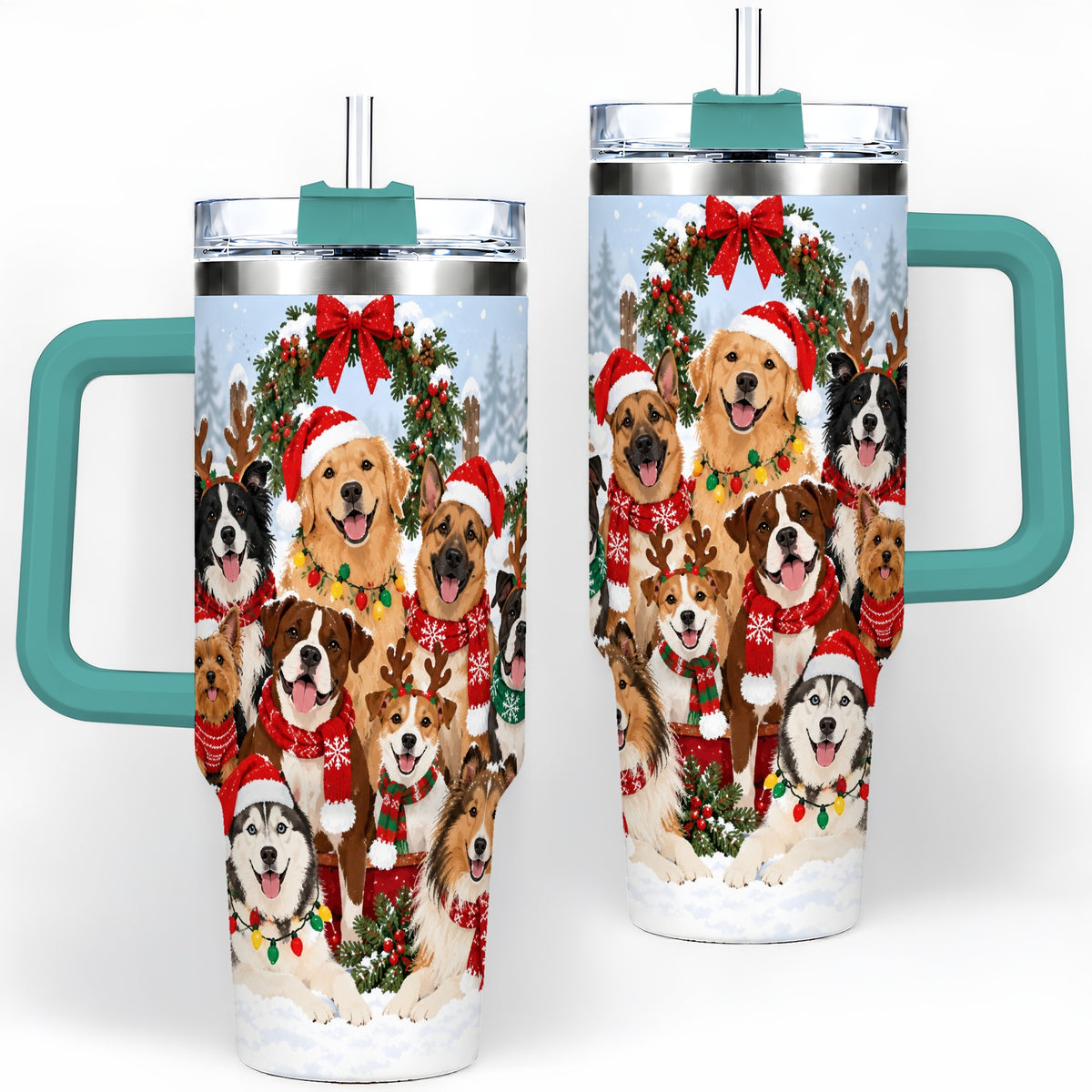 #pl[40oz|Green] Christmas Dogs 40oz Tumbler, Snowy Winter Holiday Pet Drinkware