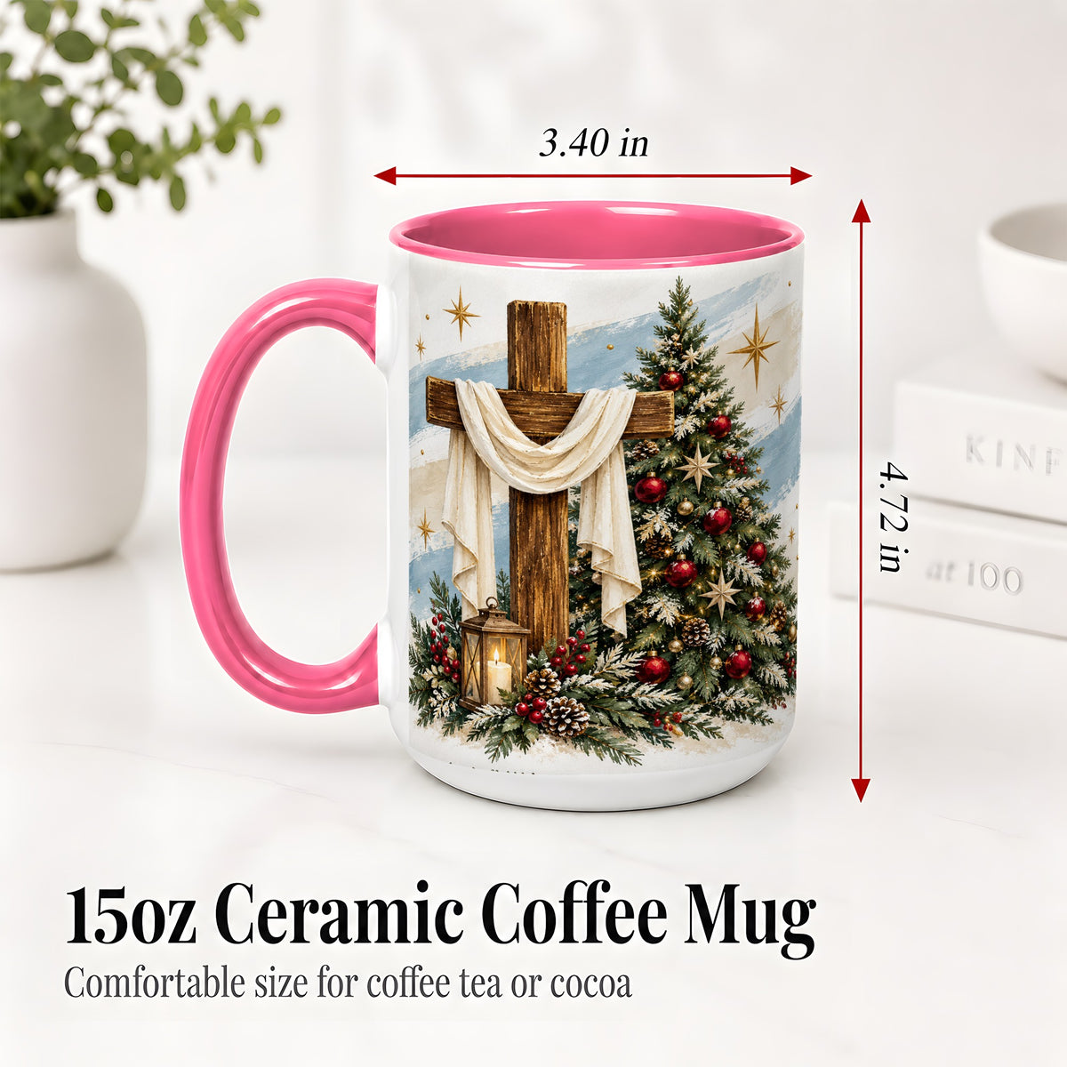 #pl[15oz|Pink] Christian Christmas Cross Accent Mug, Ceramic Coffee Cup
