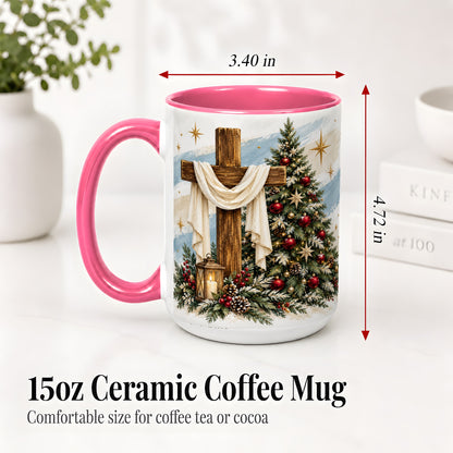 #pl[15oz|Pink] Christian Christmas Cross Accent Mug, Ceramic Coffee Cup