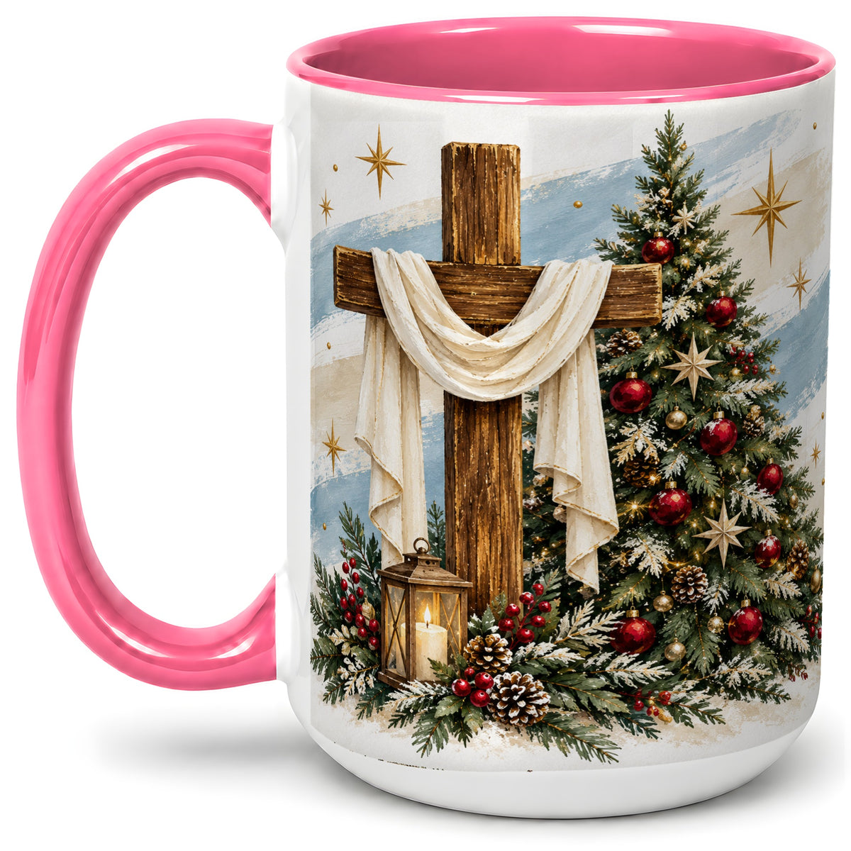 #pl[15oz|Pink] Christian Christmas Cross Accent Mug, Ceramic Coffee Cup