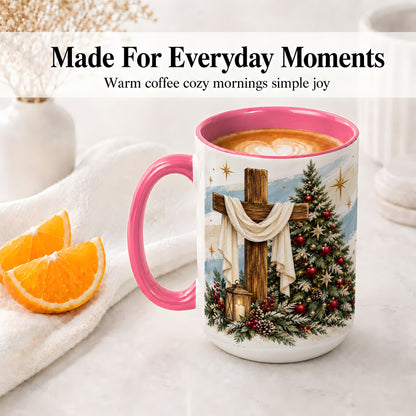 #pl[15oz|Pink] Christian Christmas Cross Accent Mug, Ceramic Coffee Cup
