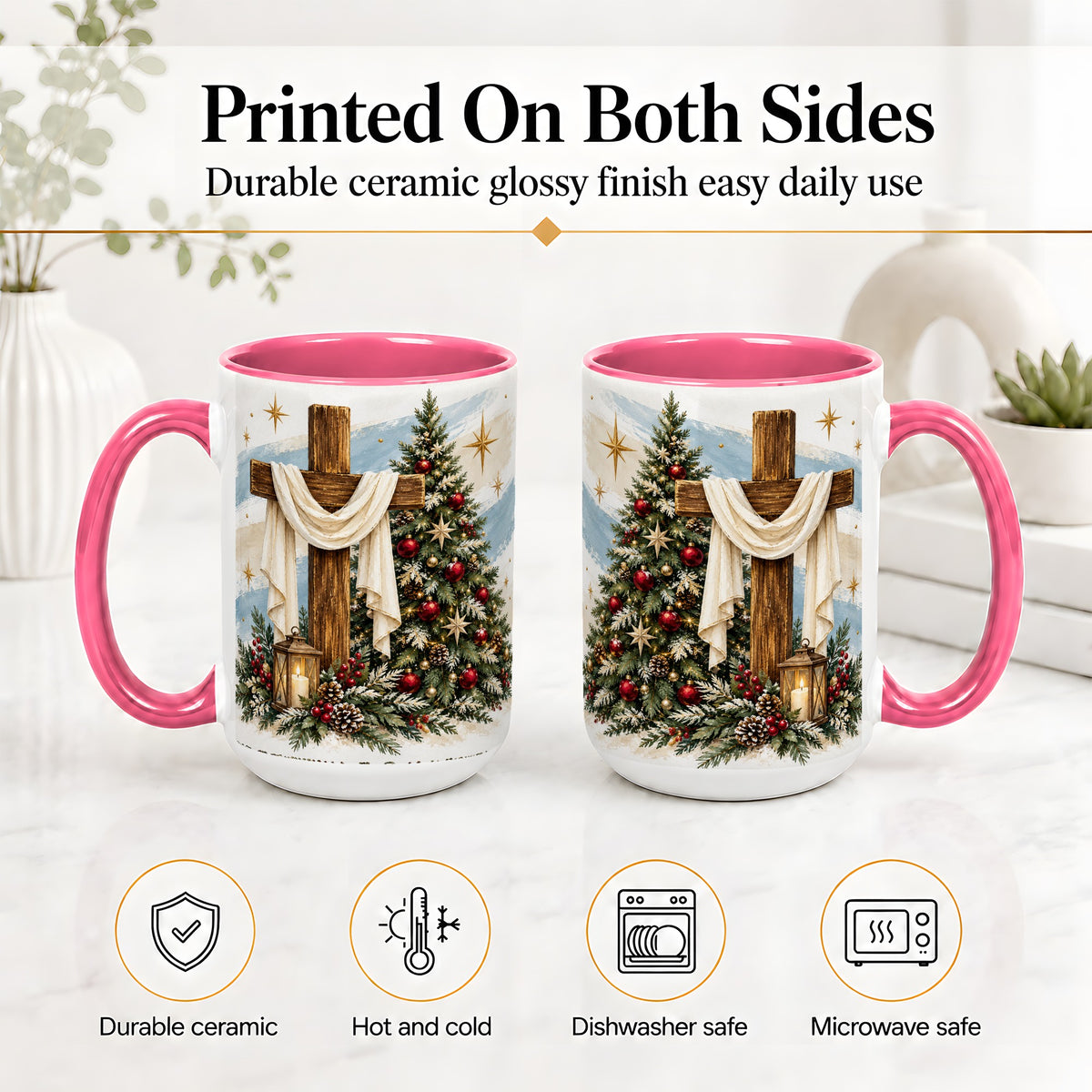 #pl[15oz|Pink] Christian Christmas Cross Accent Mug, Ceramic Coffee Cup
