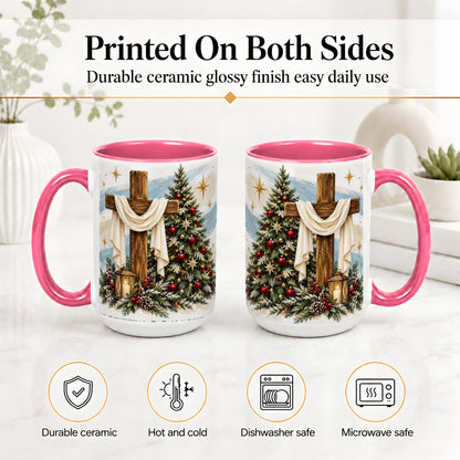 #pl[15oz|Pink] Christian Christmas Cross Accent Mug, Ceramic Coffee Cup