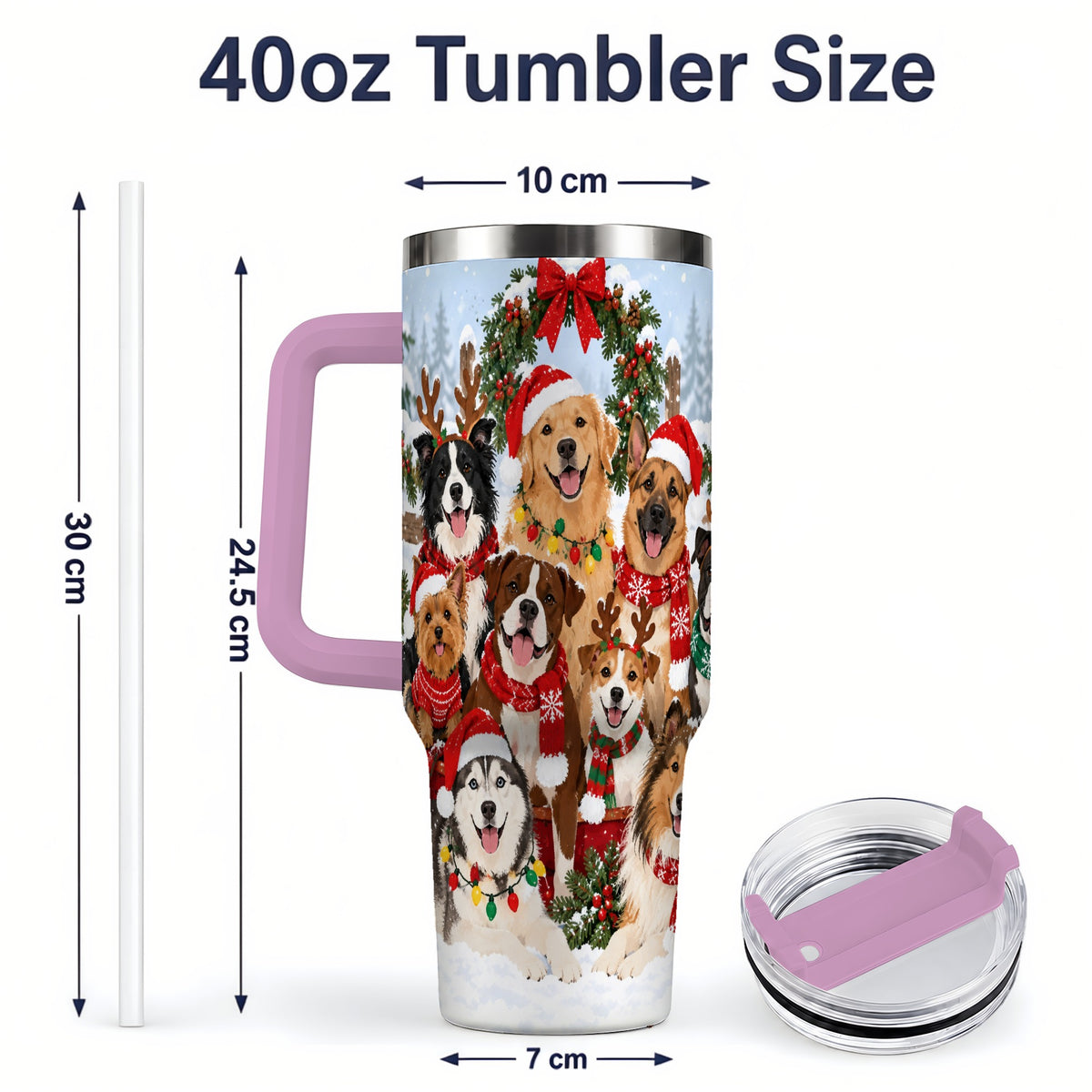 #pl[40oz|Pink] Christmas Dogs 40oz Tumbler, Snowy Winter Holiday Pet Drinkware