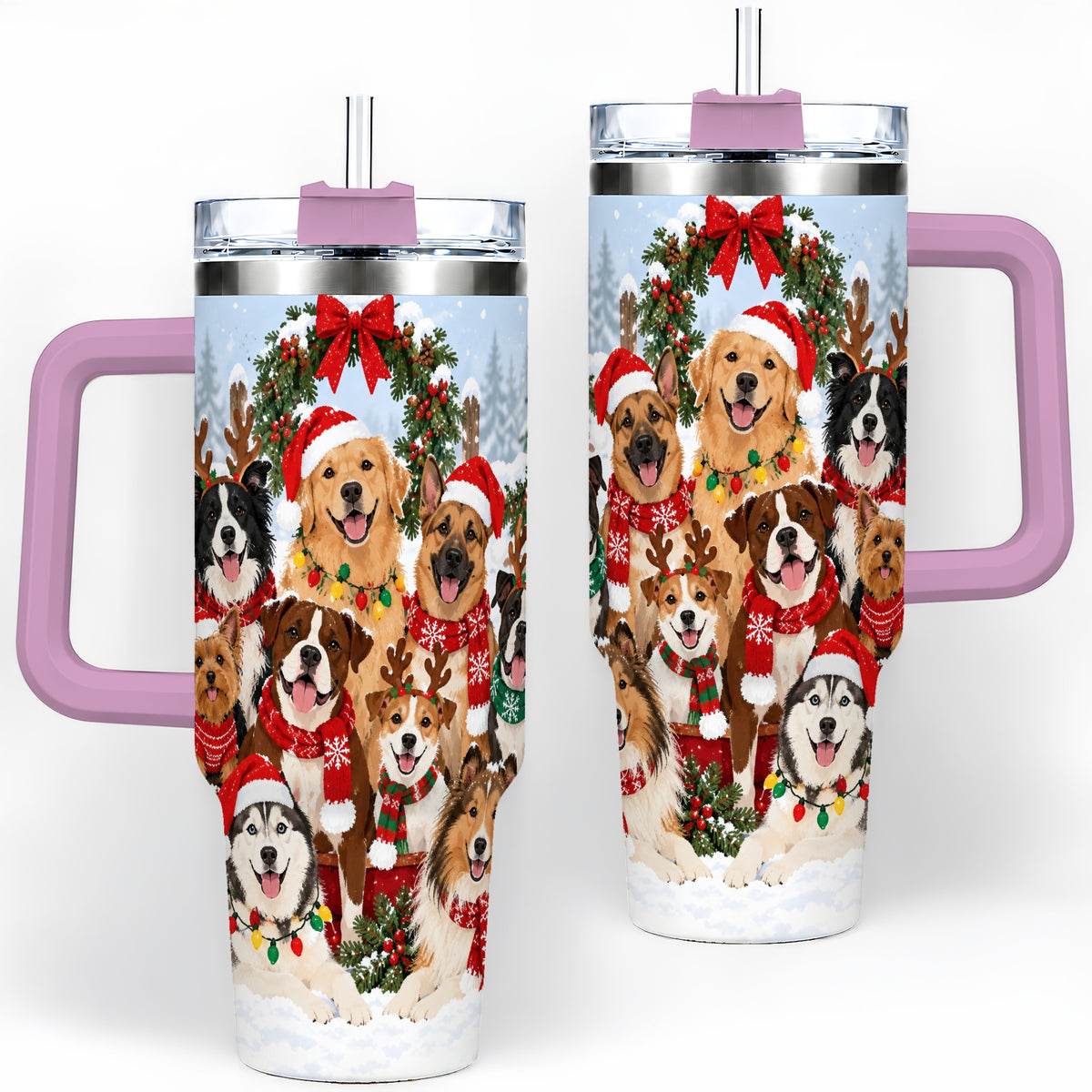 #pl[40oz|Pink] Christmas Dogs 40oz Tumbler, Snowy Winter Holiday Pet Drinkware