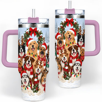 #pl[40oz|Pink] Christmas Dogs 40oz Tumbler, Snowy Winter Holiday Pet Drinkware